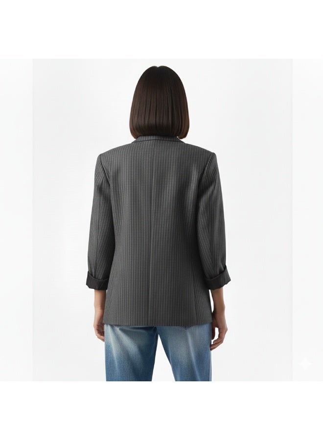 Women’s Grey Pinstripe Double-Breasted Blazer - Image 3