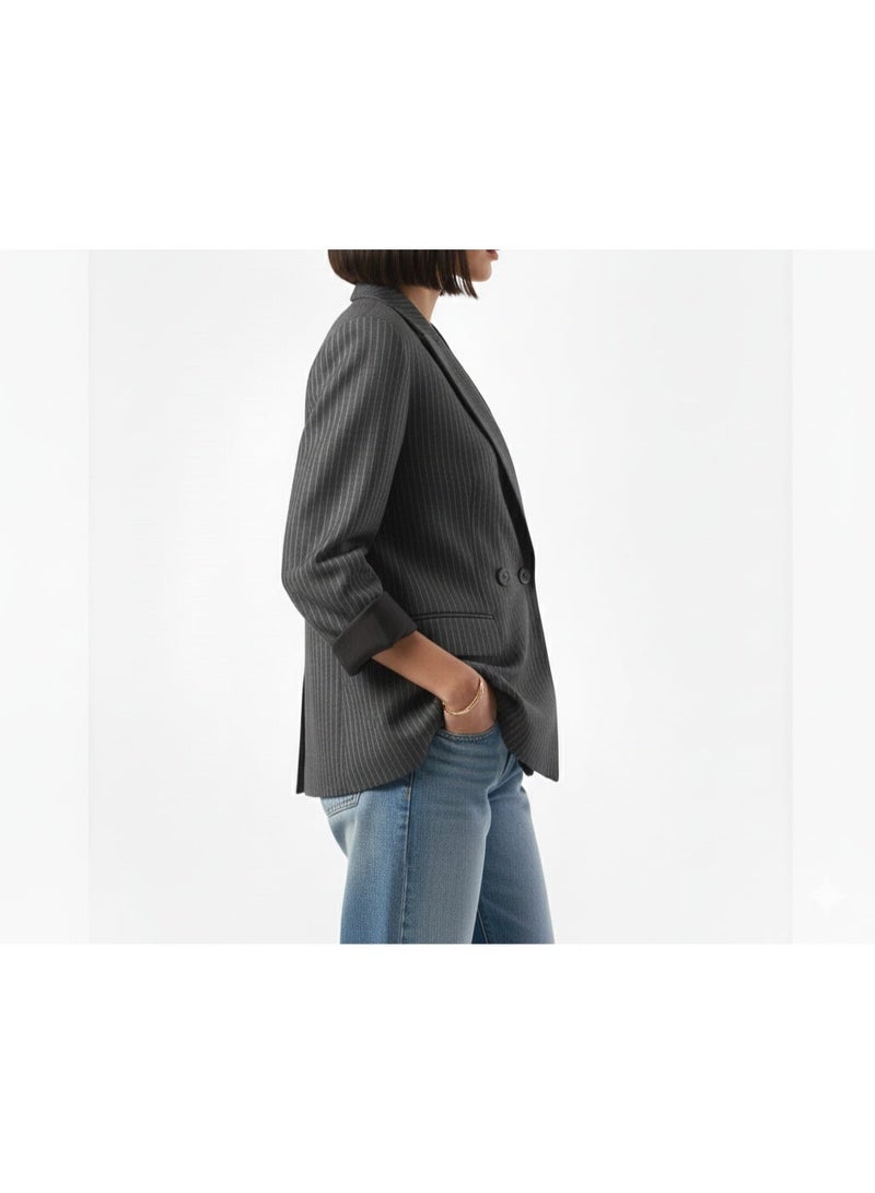 Women’s Grey Pinstripe Double-Breasted Blazer - Image 2
