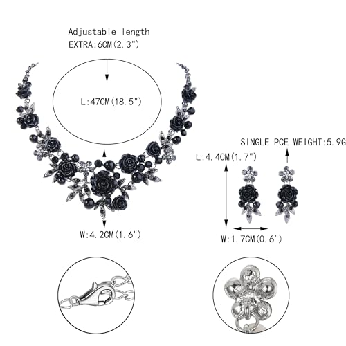 EVER FAITH Women's Crystal Simulated Pearl Cool Black Rose Flower Leaf Pierced Necklace Earrings Set - Image 4