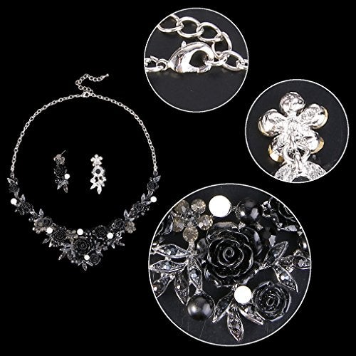 EVER FAITH Women's Crystal Simulated Pearl Cool Black Rose Flower Leaf Pierced Necklace Earrings Set - Image 5