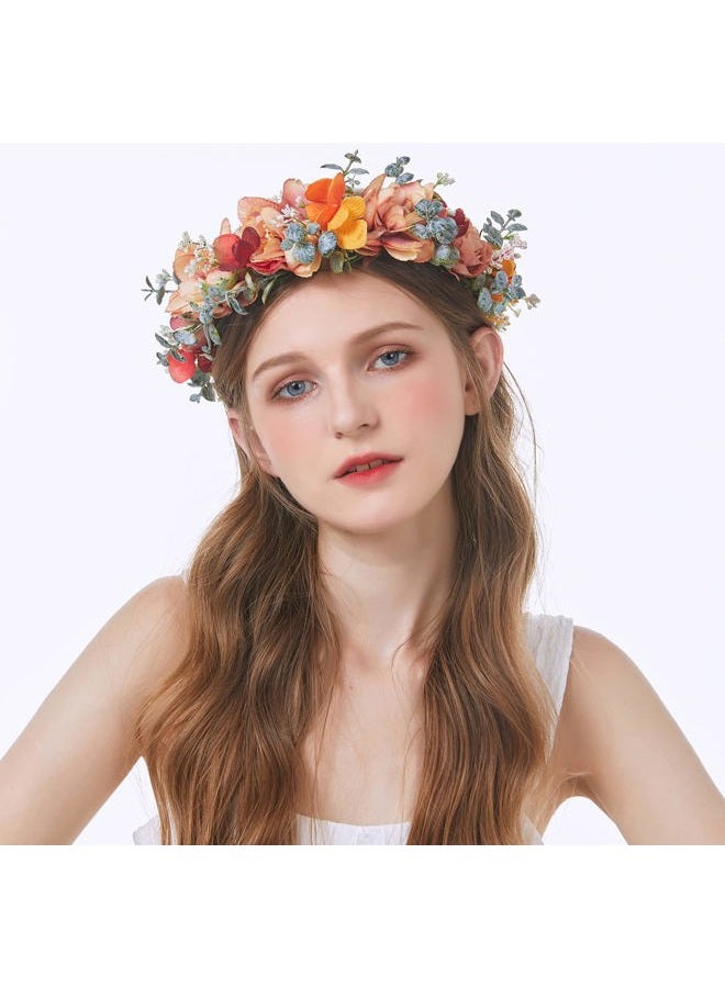 LLinfflr Adjustable Flower Headband Floral Crown Hair Wreath Flower Headpiece Halo Boho Party Prom Wedding Photos Orange - Image 2