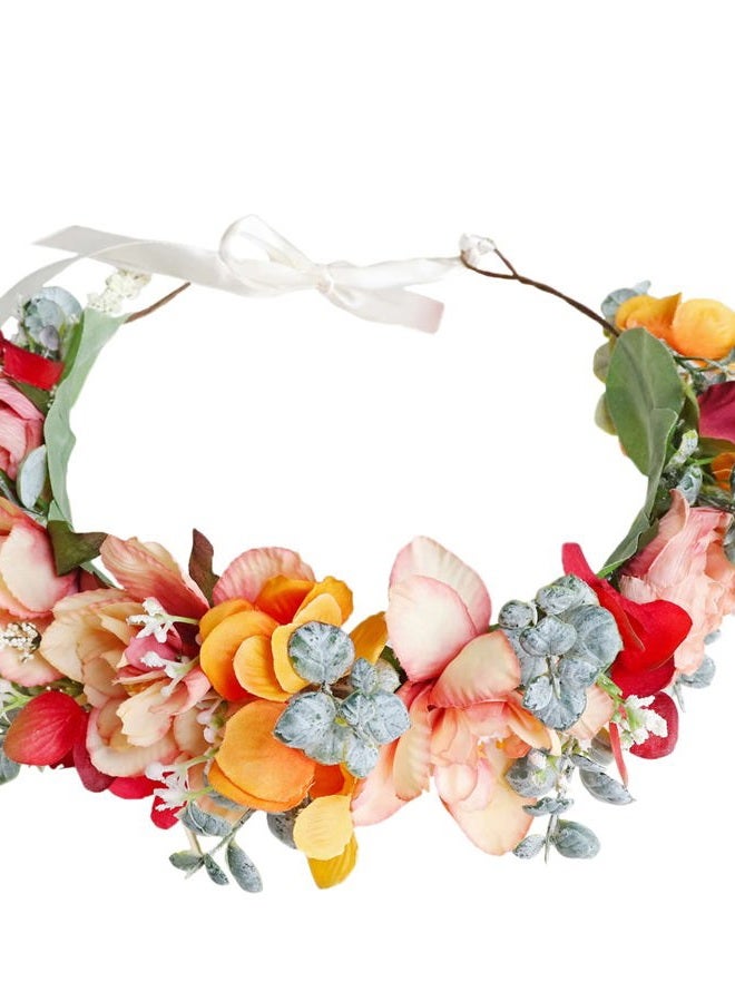 LLinfflr Adjustable Flower Headband Floral Crown Hair Wreath Flower Headpiece Halo Boho Party Prom Wedding Photos Orange - Image 1