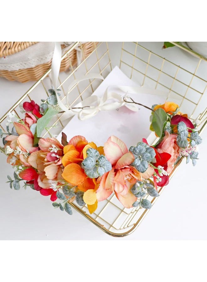 LLinfflr Adjustable Flower Headband Floral Crown Hair Wreath Flower Headpiece Halo Boho Party Prom Wedding Photos Orange - Image 3