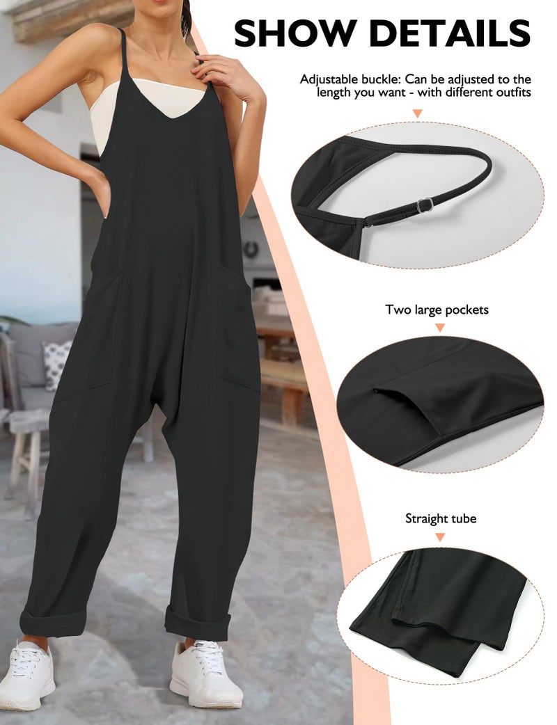 Buauty Jumpsuits for Women Casual V Neck Sleeveless Baggy Overalls Spaghetti Strap Jumpers with Pockets Summer Romper Clothes - Image 4