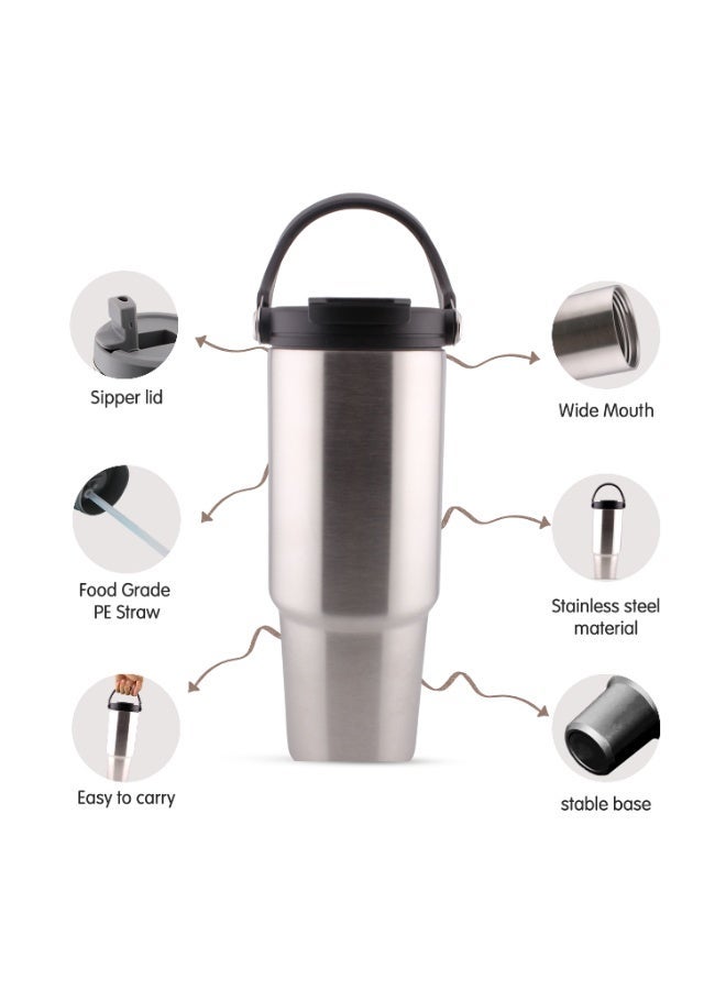 CRAVISTA 900ml Vacuum Insulated Cup – Stainless Steel Double Wall Travel Tumbler for Men, Women, Girls, Boys with Handle & Lid | Hot & Cold Flask Water Bottle for Office, Car, Gym, Outdoor (Silver) - Image 3