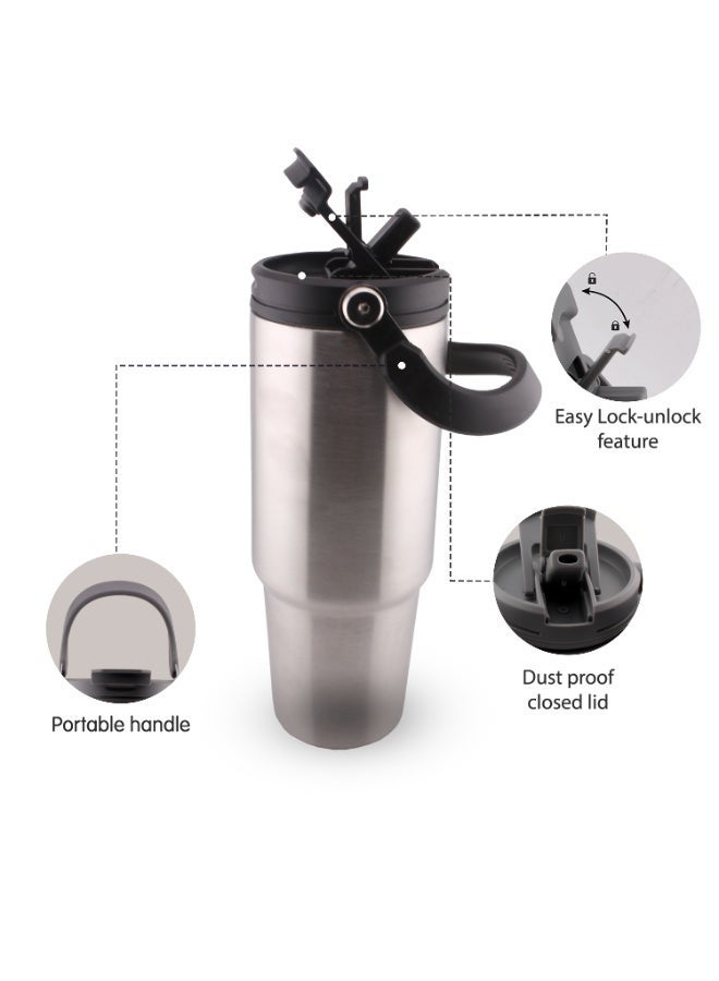 CRAVISTA 900ml Vacuum Insulated Cup – Stainless Steel Double Wall Travel Tumbler for Men, Women, Girls, Boys with Handle & Lid | Hot & Cold Flask Water Bottle for Office, Car, Gym, Outdoor (Silver) - Image 4