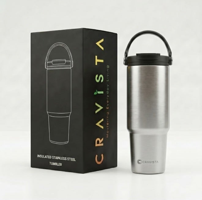 CRAVISTA 900ml Vacuum Insulated Cup – Stainless Steel Double Wall Travel Tumbler for Men, Women, Girls, Boys with Handle & Lid | Hot & Cold Flask Water Bottle for Office, Car, Gym, Outdoor (Silver) - Image 1