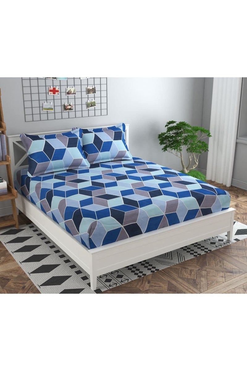 TrendRoad TrendRoad Glace Cotton Blue Box Print Bedsheet Pack of 1 Double Bedsheet 90x90 with 2 Pillow Cover20x30 Solid Print Heavy Thick Fabric Color Blue  - Image 1