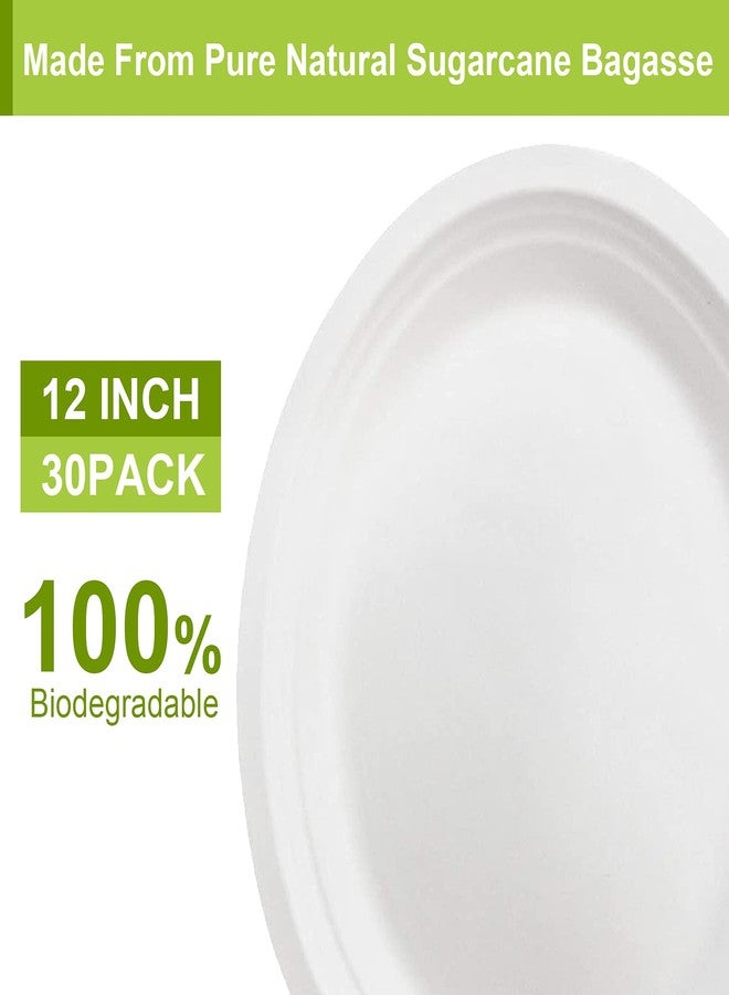 BangShou 30 Pack 12" Oval Compostable Plates Heavy Duty Bagasse Fiber Disposable Dinnerware Microwave & Freezer Safe Eco-Friendly, Leakproof for BBQ, Party, Catering (White) - Image 3