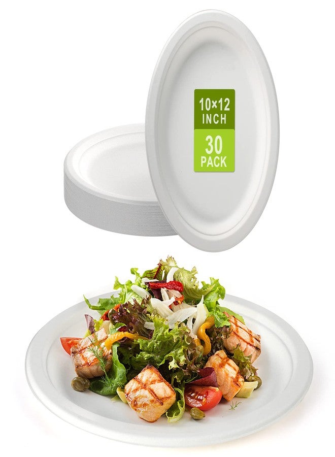 BangShou 30 Pack 12" Oval Compostable Plates Heavy Duty Bagasse Fiber Disposable Dinnerware Microwave & Freezer Safe Eco-Friendly, Leakproof for BBQ, Party, Catering (White) - Image 1