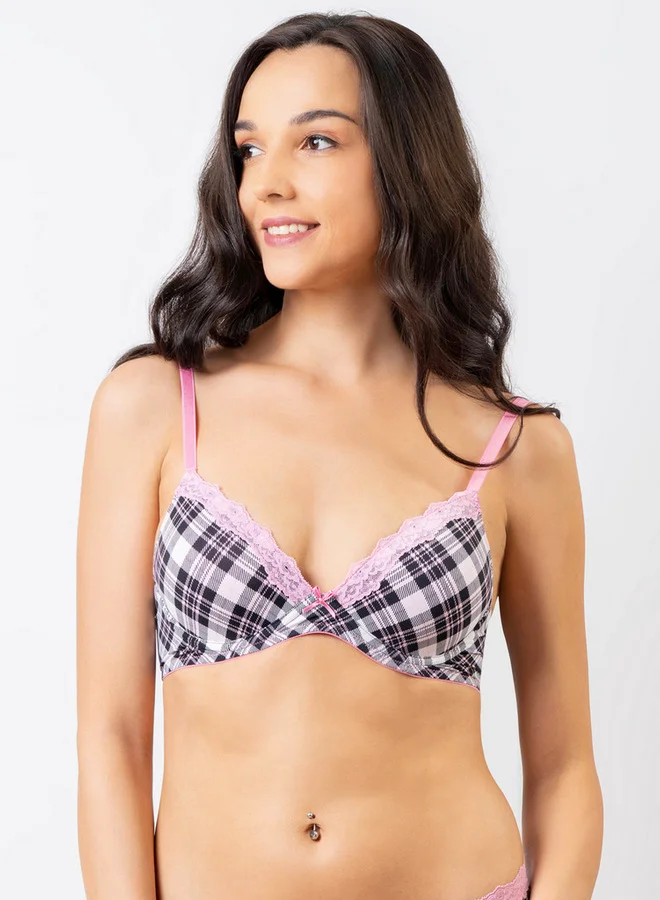 Aadaraya Aadaraya Checked Demi Cup Plunge Bra with Hook and Eye Closure