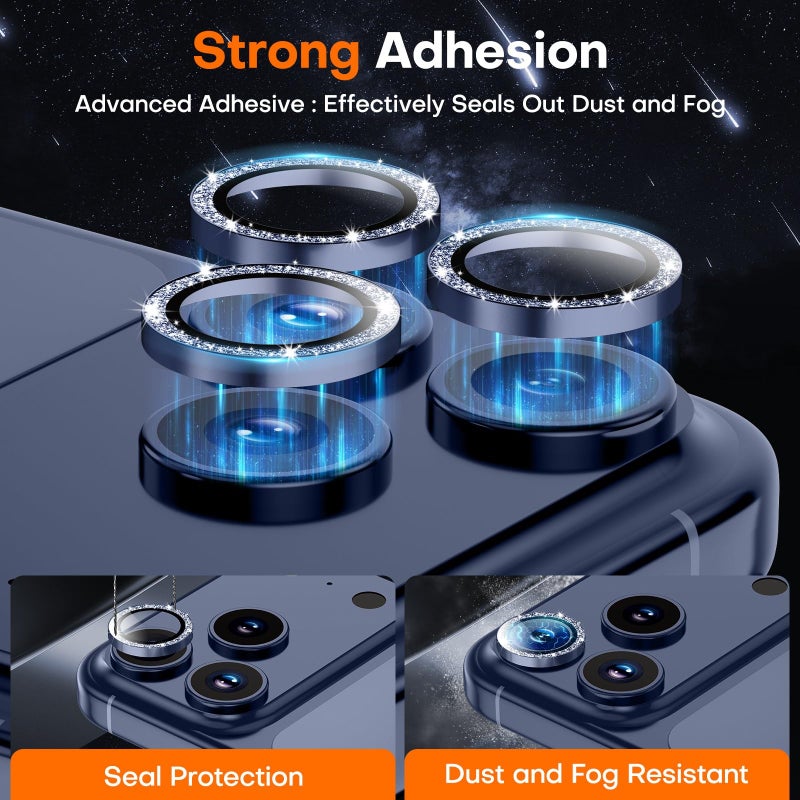 Wumigoo Camera Lens Protector for iPhone 17 Pro Max/17 Pro/16 Pro Max/16 Pro/15 Pro Max/15 Pro/14 Pro Max/14 Pro,Tempered Glass Metal Individual Camera Cover[Anti-drop]Case Friendly- Glitter Deep Blue - Image 2