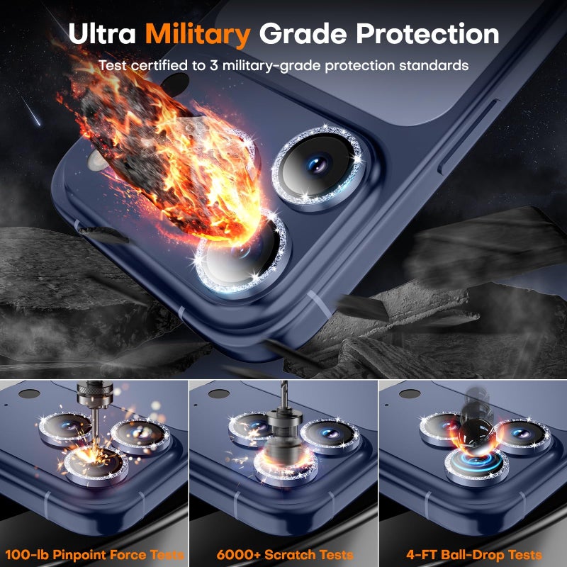 Wumigoo Camera Lens Protector for iPhone 17 Pro Max/17 Pro/16 Pro Max/16 Pro/15 Pro Max/15 Pro/14 Pro Max/14 Pro,Tempered Glass Metal Individual Camera Cover[Anti-drop]Case Friendly- Glitter Deep Blue - Image 5