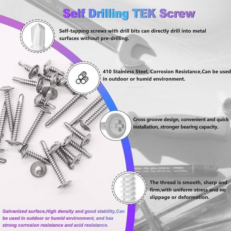 mxuteuk #8 Self Tapping Screws,410 Stainless Steel Self Tapping Screws for Metal,(1/2",5/8",3/4",1",1-1/4") Modified Truss Head Self Drilling Screw Sheet Metal Screw for Metal(115PCS) - Image 4