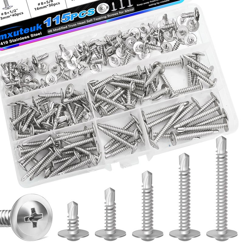 mxuteuk #8 Self Tapping Screws,410 Stainless Steel Self Tapping Screws for Metal,(1/2",5/8",3/4",1",1-1/4") Modified Truss Head Self Drilling Screw Sheet Metal Screw for Metal(115PCS) - Image 1