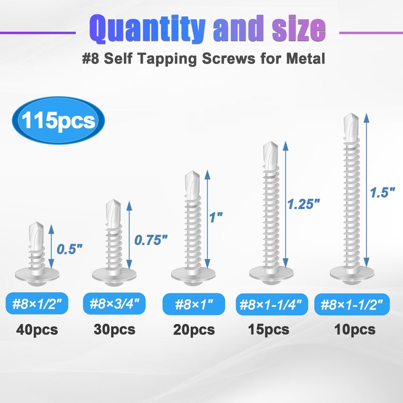 mxuteuk #8 Self Tapping Screws,410 Stainless Steel Self Tapping Screws for Metal,(1/2",5/8",3/4",1",1-1/4") Modified Truss Head Self Drilling Screw Sheet Metal Screw for Metal(115PCS) - Image 2