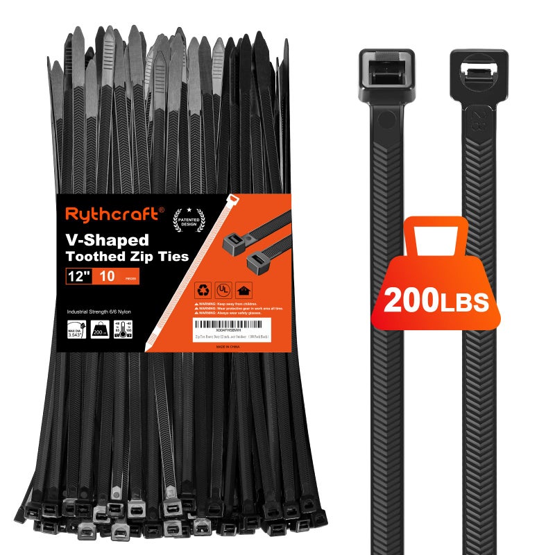 Rythcraft Zip Ties Heavy Duty 12 inchï¼ŒV-Shaped Toothed Double Sided With 200 LBS Tensile Strength Cable Ties ï¼ŒExtra Large Wire Ties Adjustable Nylon Tie Wraps for Indoor Outdoor Patented Designï¼ˆ80 Pack Blackï¼‰ - Image 1