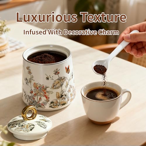 JUSONEY Ceramic Sugar Bowl with Lid and Spoon with Floral Pattern, Gold Trim - 7.5oz Elegant Sugar Jar with Lid and Spoon, Nordic Style for Kitchen, Dining, Cafe, Gift Idea (B) - Image 4