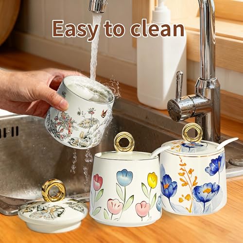 JUSONEY Ceramic Sugar Bowl with Lid and Spoon with Floral Pattern, Gold Trim - 7.5oz Elegant Sugar Jar with Lid and Spoon, Nordic Style for Kitchen, Dining, Cafe, Gift Idea (B) - Image 5