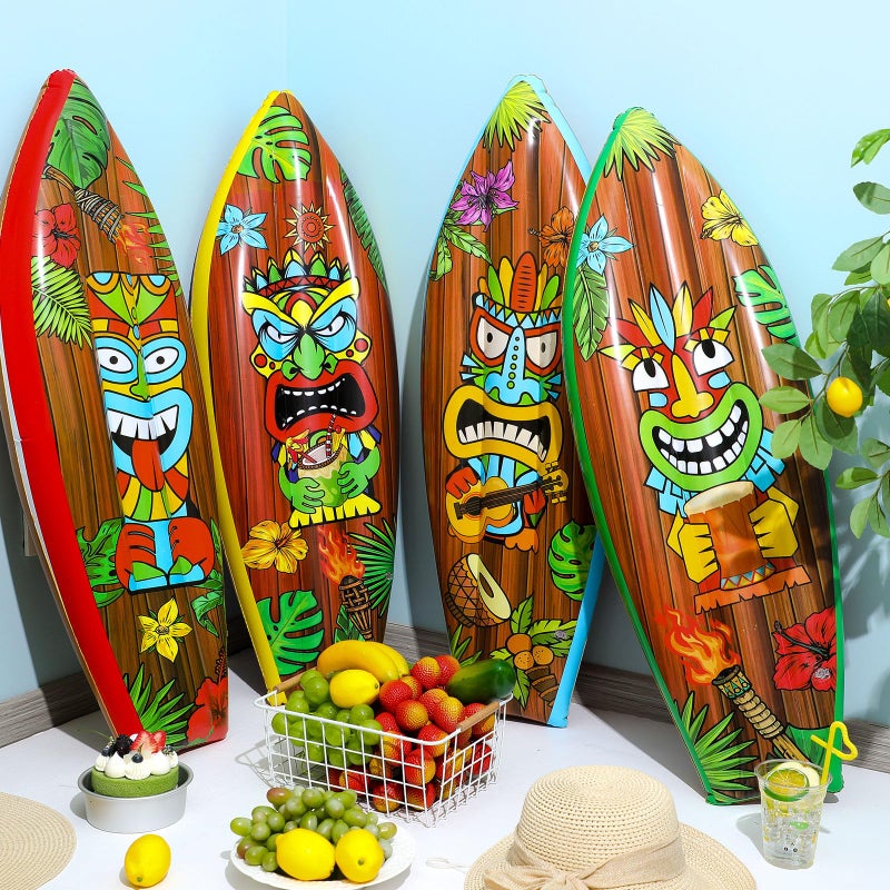 JellyArch 4 Pcs 36 Inch Tiki Inflatable Surf Board Tiki Party Decorations Blow up Surfboard Bar Decorations Inflatable Pool Floats for Hawaiian Luau Tropical Beach Party Supplies Outdoor Decor - Image 2