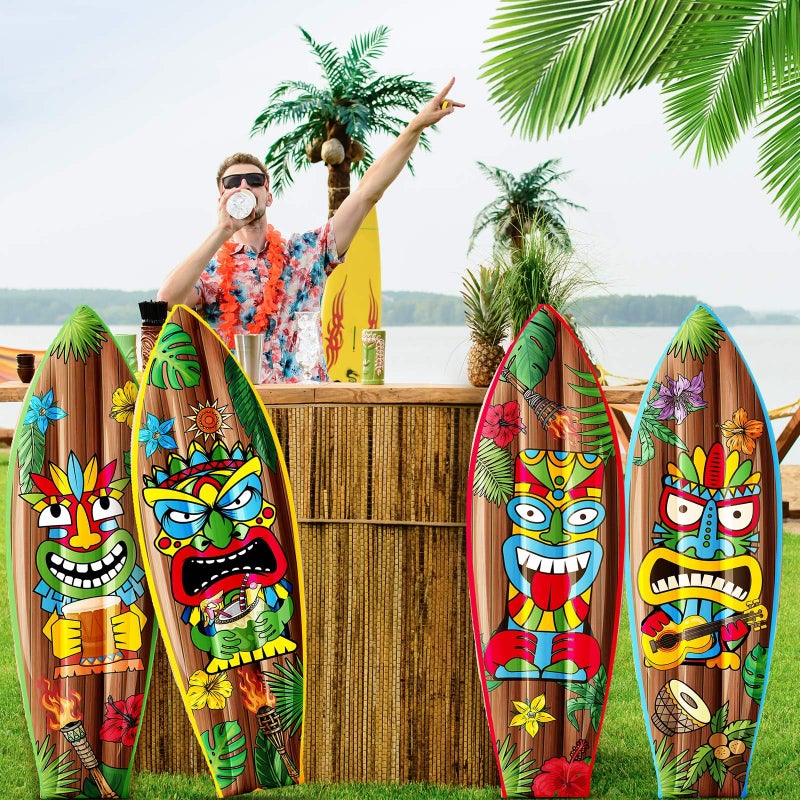 JellyArch 4 Pcs 36 Inch Tiki Inflatable Surf Board Tiki Party Decorations Blow up Surfboard Bar Decorations Inflatable Pool Floats for Hawaiian Luau Tropical Beach Party Supplies Outdoor Decor - Image 5