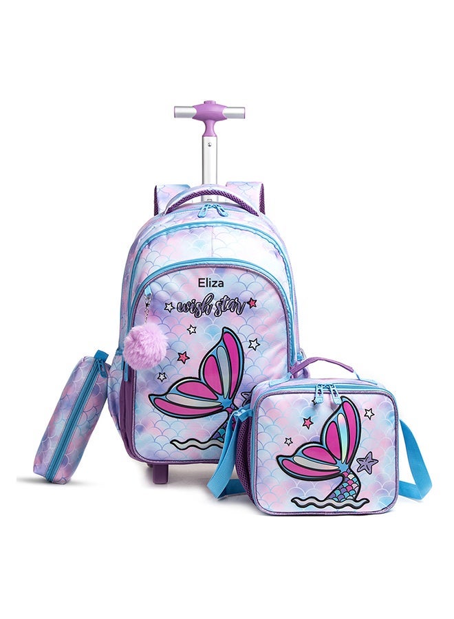Eazy Kids - Personalized 18Inch Set of 3 Trolley School Bag with Lunch Bag and Pencil Case Mermaid - Purple - Image 2
