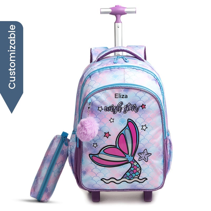 Eazy Kids - Personalized 18Inch Set of 3 Trolley School Bag with Lunch Bag and Pencil Case Mermaid - Purple - Image 1