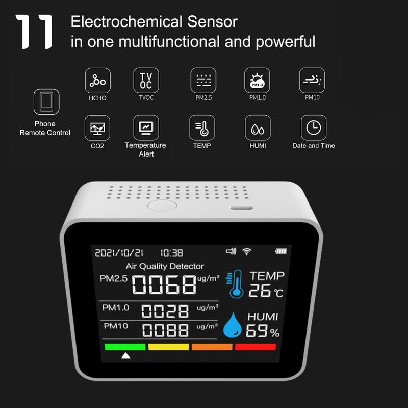 Indoor Air Quality Monitor 12 Functions WiFi Thermometer Hygrometer WiFi for Tuya Smart App with 2.8" Color Display Support Alarm Function CO2 /HCHO /PM2.5/ PM1.0/PM10 for Home Car Office White - Image 3