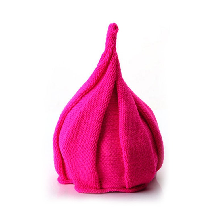 Cute Flower Knit Baby Cap with Twisted Top Rose Red