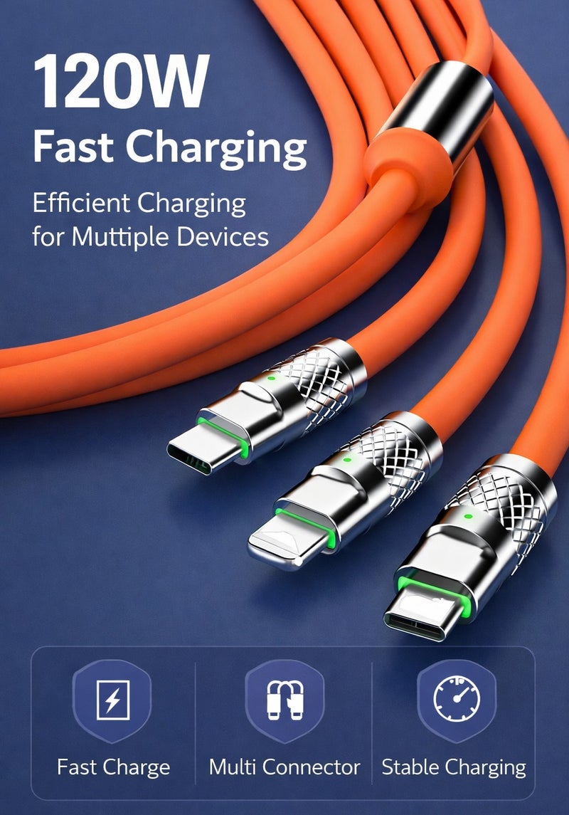 كابل شحن سريع 3 في 1 بقوة 120 واط مزود بموصلات USB-C وLightning وMicro USB – كابل شحن متعدد للأجهزة المختلفة – برتقالي - Image 2