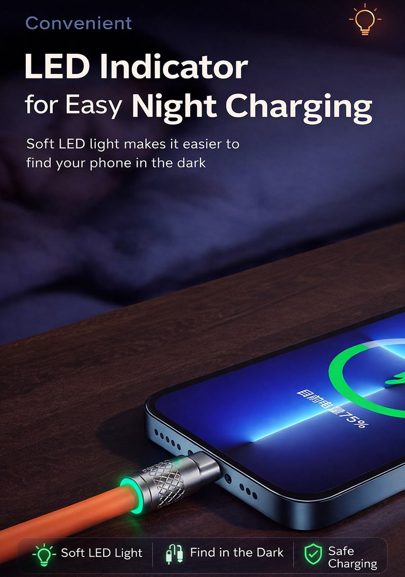 كابل شحن سريع 3 في 1 بقوة 120 واط مزود بموصلات USB-C وLightning وMicro USB – كابل شحن متعدد للأجهزة المختلفة – برتقالي - Image 3