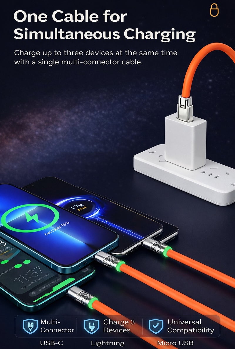 كابل شحن سريع 3 في 1 بقوة 120 واط مزود بموصلات USB-C وLightning وMicro USB – كابل شحن متعدد للأجهزة المختلفة – برتقالي - Image 4