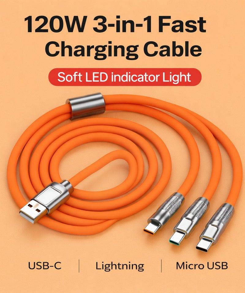 كابل شحن سريع 3 في 1 بقوة 120 واط مزود بموصلات USB-C وLightning وMicro USB – كابل شحن متعدد للأجهزة المختلفة – برتقالي - Image 5