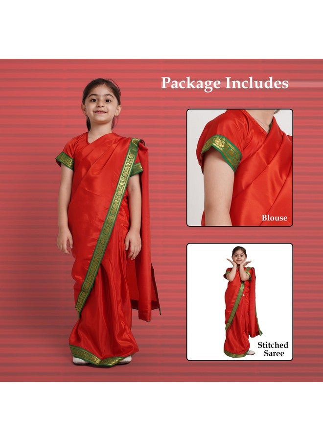 Kaku Fancy Dresses Indian Ethnic Wear Pre-Stiched Saree With Blouse For Girls | Farmer Saree Costume for Girls - Red, 5-6 Years, For Girls - Image 4