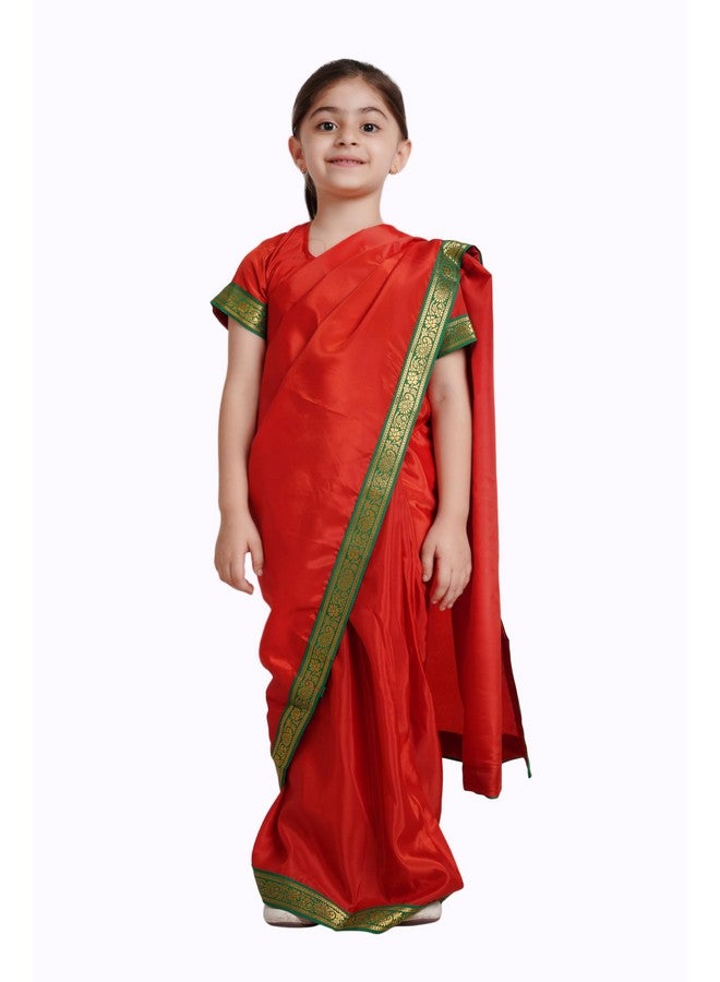 Kaku Fancy Dresses Indian Ethnic Wear Pre-Stiched Saree With Blouse For Girls | Farmer Saree Costume for Girls - Red, 5-6 Years, For Girls - Image 1