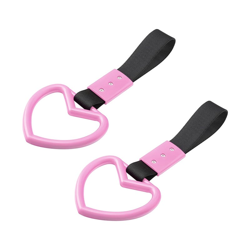 Generic Fekey&JF 2PCS Tsurikawa Rings Heart-Shaped Car Hand Strap, Rear Bumper Warning Loop Janpanese Heart Handle for SUV, Subway, Bus, Auto Interior Exterior Warning Decoration (Light Pink/Black)  - Image 1