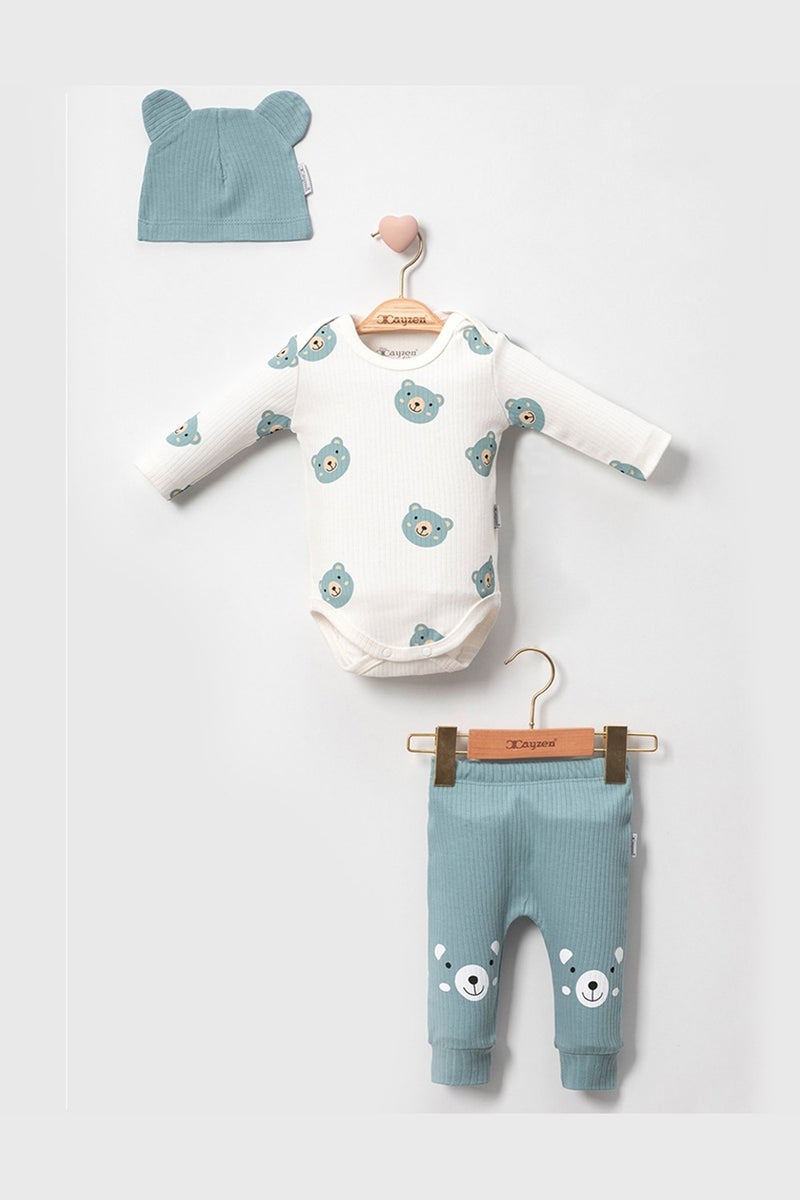 Modam Bebek Mini Cayzen Teddy Bear Printed Hat 3-Piece Unisex Baby Set 