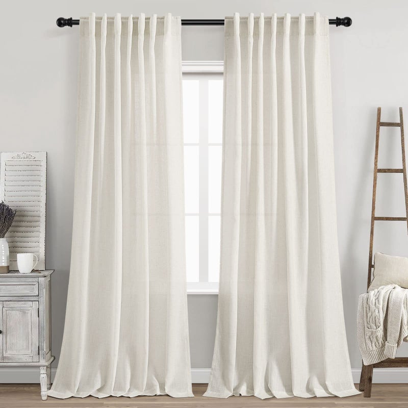 Nanspring Cream Linen Back Tab Curtains 84 Inch Length for Living Room 2 Panel Set Neutral Modern Farmhouse Window Privacy Semi Sheer Linen Drapes Rustic Pinch Pleated Look Curtain Natural Ivory Colored