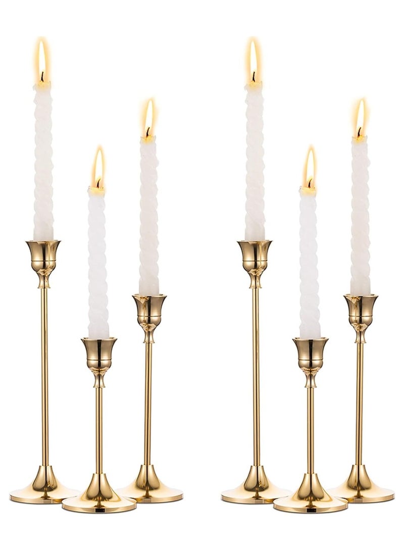 NANAO 6 Pcs Brass Gold Metal Taper Candle Holders Candlestick Holders, Vintage Modern Decorative Centerpiece Candlestick Holders for Table Mantel Wedding Ramadan Housewarming Gift  - Image 1