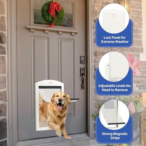 Classicmacher [Classicmacher] White Frame Dog Doors for Medium Dogs, Strong Plastic Pet Door with Sliding Lock Panel and Magnetic Soft Flap, Doggy Door for Door, Doggie Door Up to 25Lbs (Medium, Milk White) - Image 2