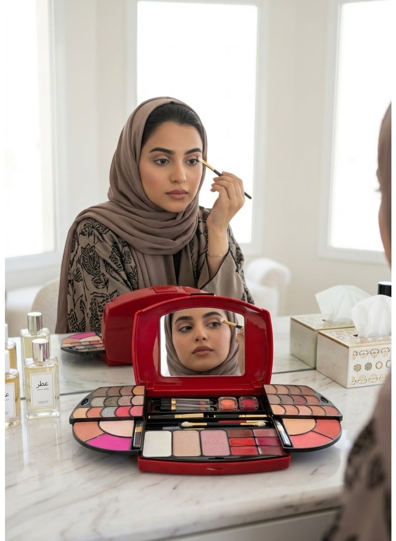 شمس حقيبة مكياج متعددة الطبقات - مجموعة مستحضرات تجميل كاملة مع ظلال عيون، أحمر خدود، ألوان شفاه ومرآة مدمجة | مجموعة تجميل صغيرة الحجم للسفر - Image 3