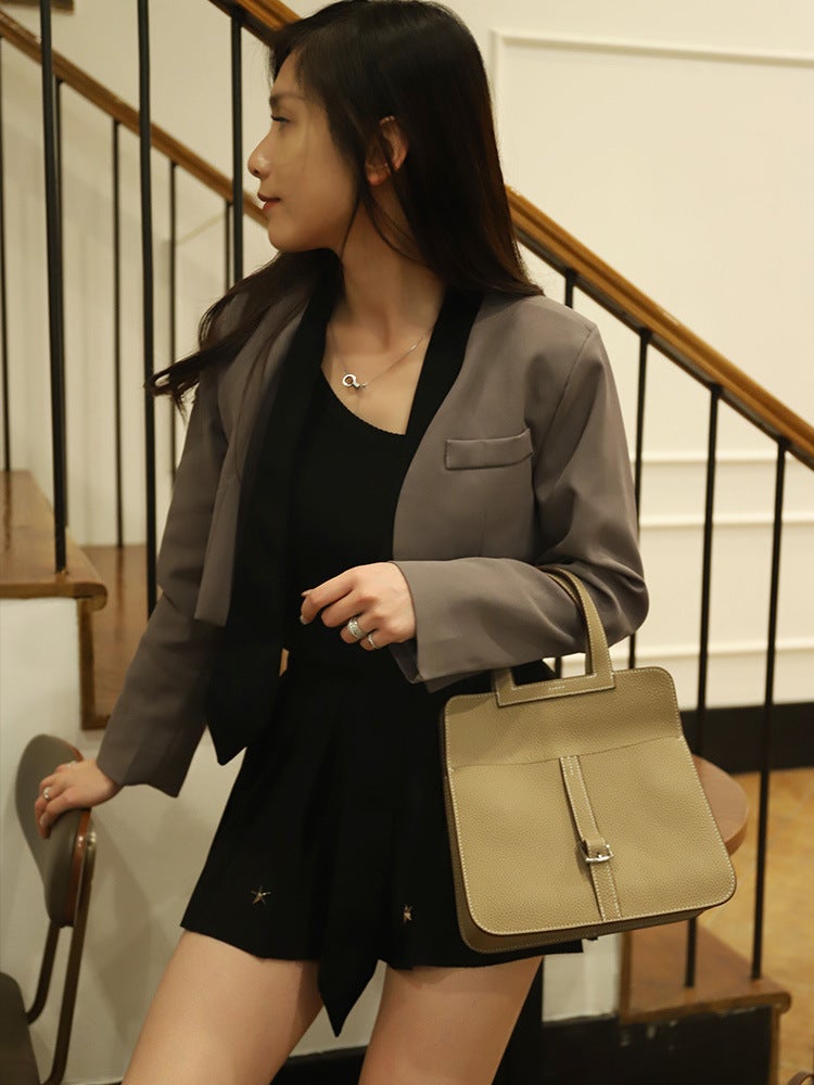 Litchi Pattern Briefcase Top Layer Cowhide Saddle Bag Genuine Leather Horseshoe Buckle Bag Shoulder Handbag - Image 4