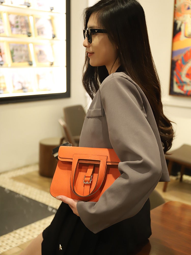 Litchi Pattern Briefcase Top Layer Cowhide Saddle Bag Genuine Leather Horseshoe Buckle Bag Shoulder Handbag - Image 3