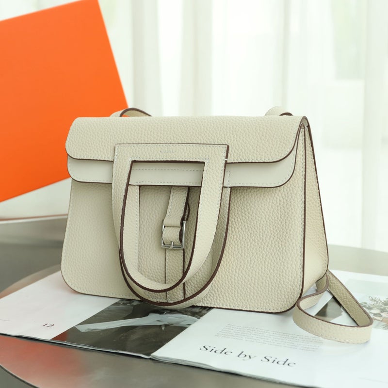 Litchi Pattern Briefcase Top Layer Cowhide Saddle Bag Genuine Leather Horseshoe Buckle Bag Shoulder Handbag - Image 1