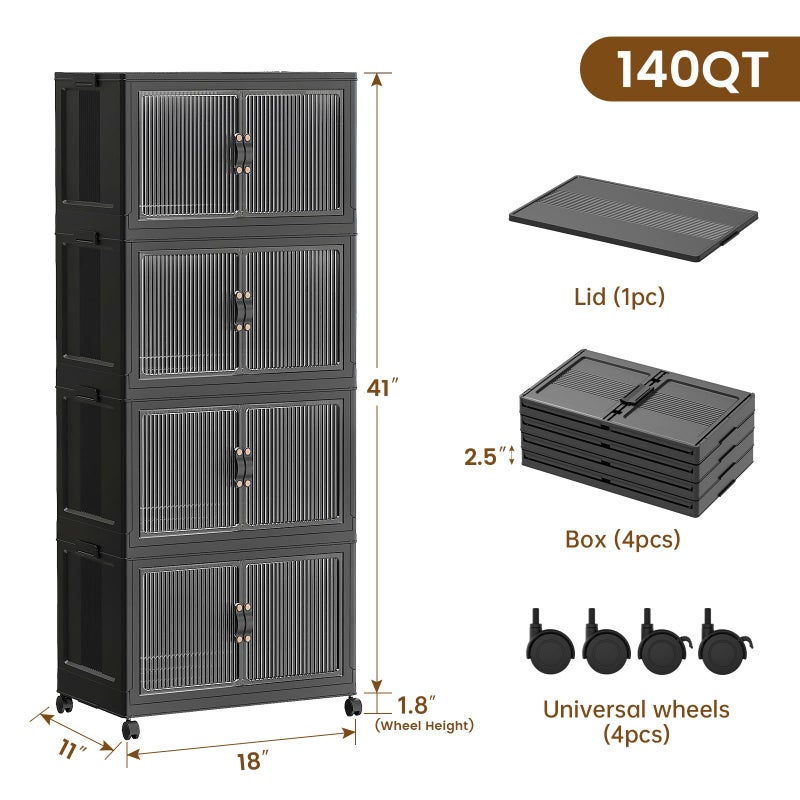 SAILUN 35Gal/140Qt Stackable Storage Bins Folding Collapsible Storage Bins with Lid, Closet Organizers and Storage Box with Door Black 18" W x 11" D x 41" H - Image 2