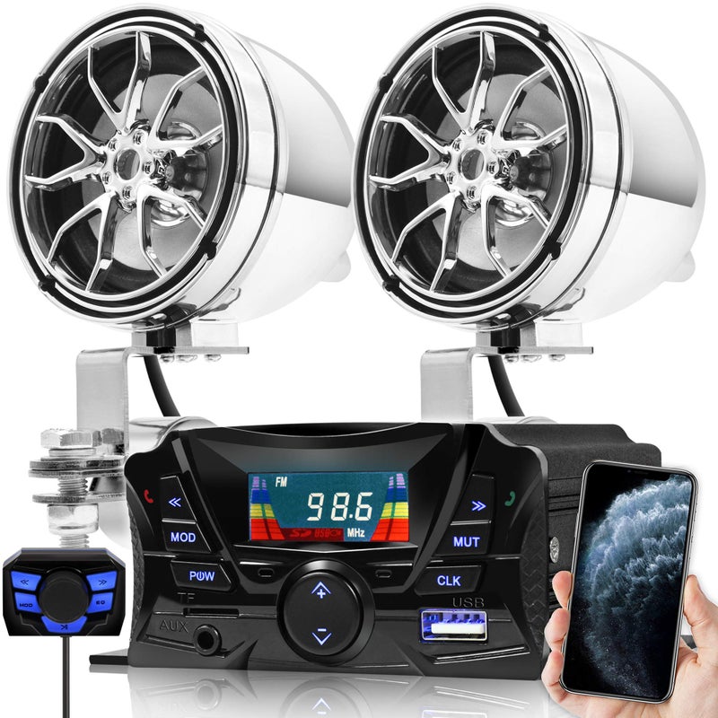 GoHawk Motorcycle Speakers Bluetooth Waterproof Speakers and Amplifier Audio Sound System Weatherproof FM Radio Volume Control ATV UTV wAUX in USB Micro SD