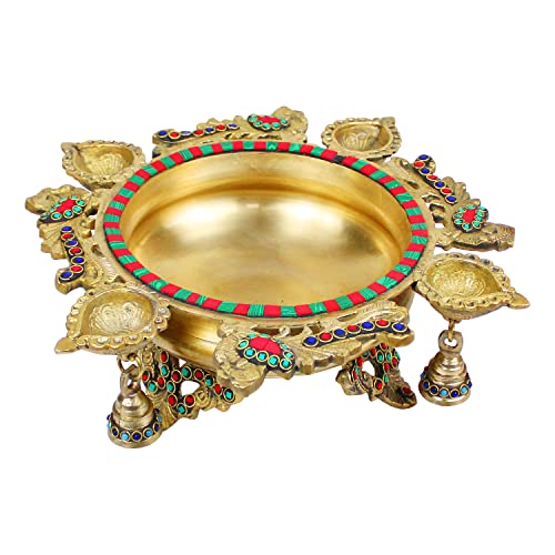 ARTVARKO™ Brass Peacock Design Traditional Multicolor Stone Urli with Diyas and Bells Flowers Bowl Showpiece Home Office Gift 13 Inch - Image 2