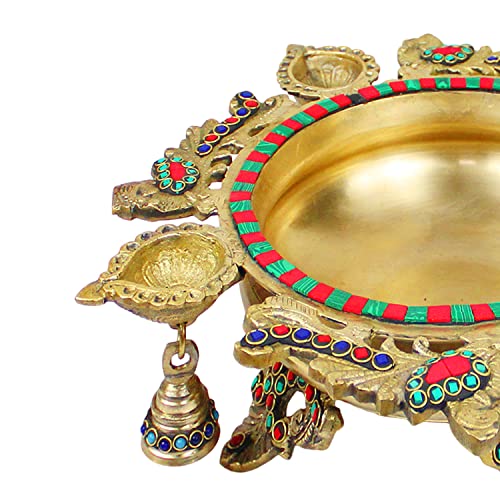 ARTVARKO™ Brass Peacock Design Traditional Multicolor Stone Urli with Diyas and Bells Flowers Bowl Showpiece Home Office Gift 13 Inch - Image 5