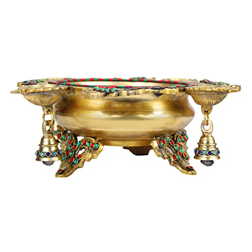 ARTVARKO™ Brass Peacock Design Traditional Multicolor Stone Urli with Diyas and Bells Flowers Bowl Showpiece Home Office Gift 13 Inch - Image 4