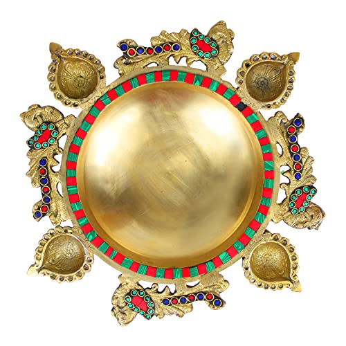 ARTVARKO™ Brass Peacock Design Traditional Multicolor Stone Urli with Diyas and Bells Flowers Bowl Showpiece Home Office Gift 13 Inch - Image 3